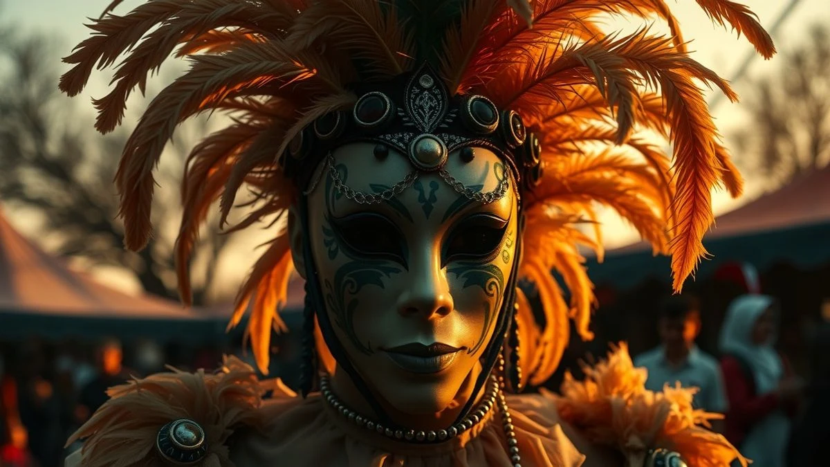 Careta de carnaval con plumas y lentejuelas sobre adoquines al atardecer