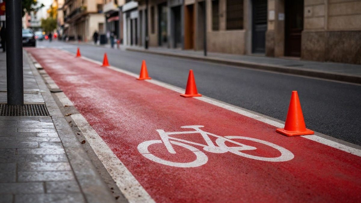 Imagen ilustrativa: un carril bici recién asfaltado en una calle urbana, con conos naranjas y luz cálida de atardecer