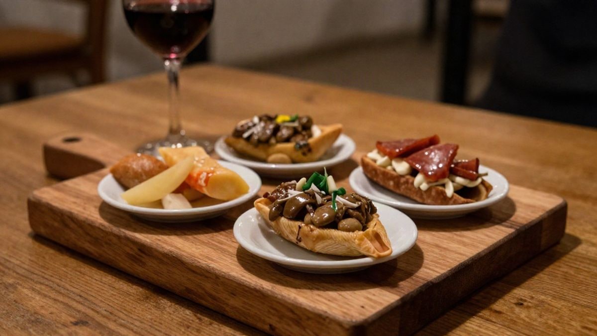 Imagen ilustrativa: tabla de madera con tapas variadas y una copa de vino en una mesa rústica