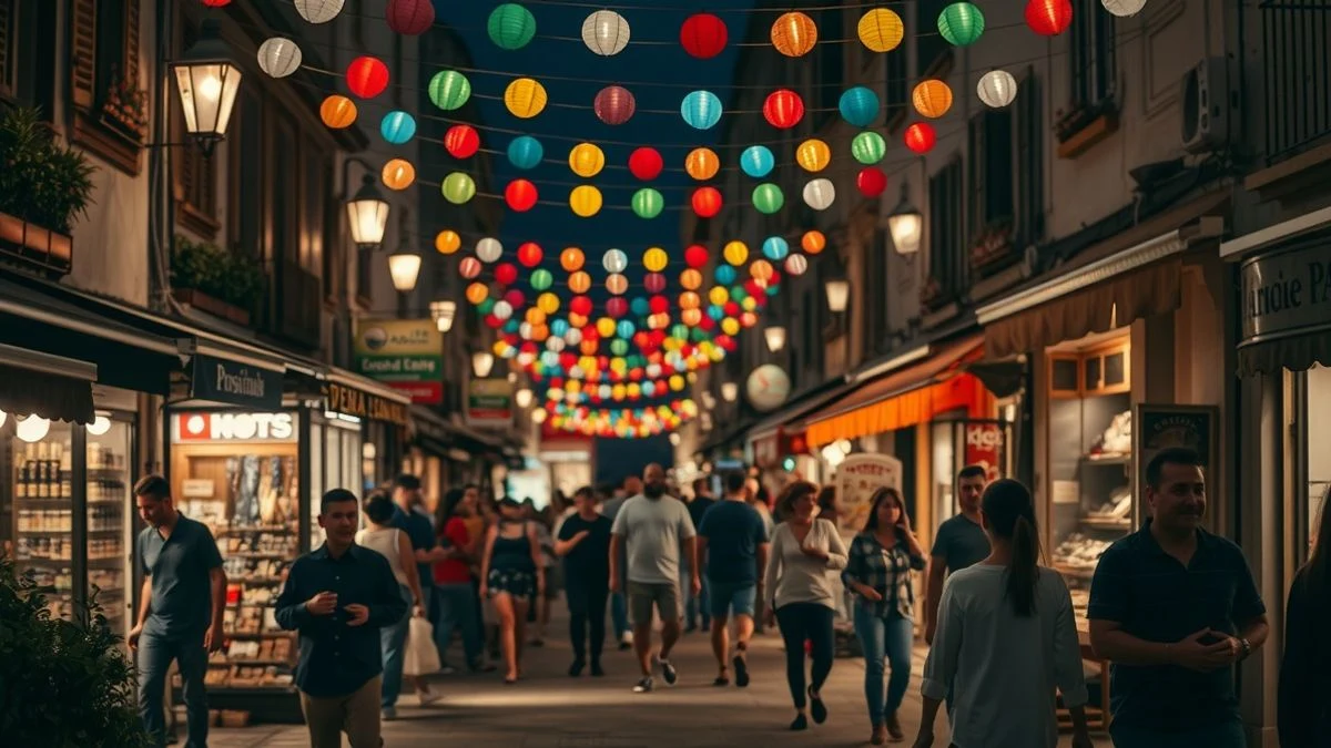 Imagen ilustrativa: calle comercial iluminada con farolillos y gente paseando entre puestos al aire libre durante una noche festiva.