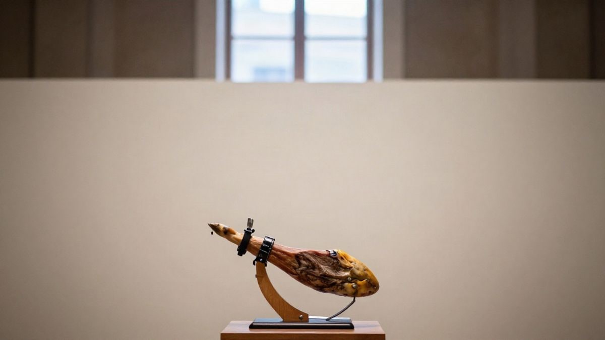 Imagen ilustrativa: un jamón ibérico entero sobre un soporte de madera con un cuchillo de cortador al lado