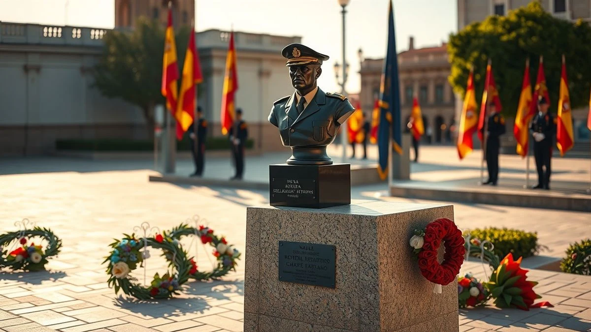 Imagen ilustrativa: busto en bronce de un aviador naval en una plaza, con coronas de laurel y guardia militar de honor al fondo.