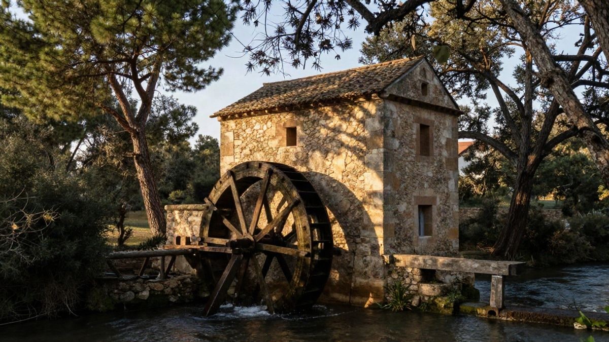 Imagen ilustrativa: plano lateral de un molino harinero restaurado junto a un río y rodeado de pinos y alcornoques