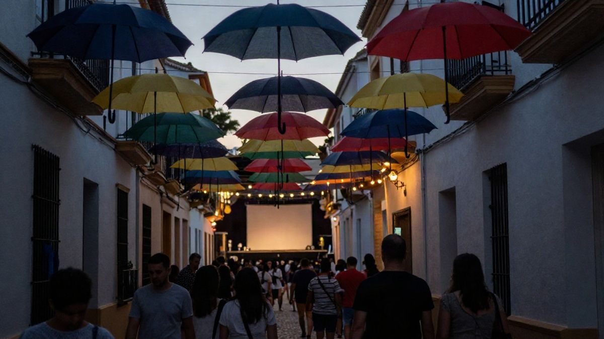 Imagen ilustrativa: calle adornada con paraguas de colores al atardecer, con siluetas de personas de espaldas.