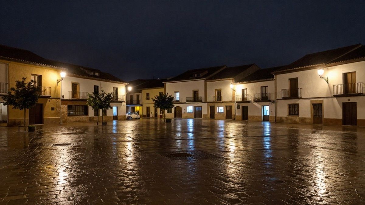 Imagen ilustrativa: plaza de un pueblo de montaña de noche con farolas encendidas y suelo mojado tras la lluvia