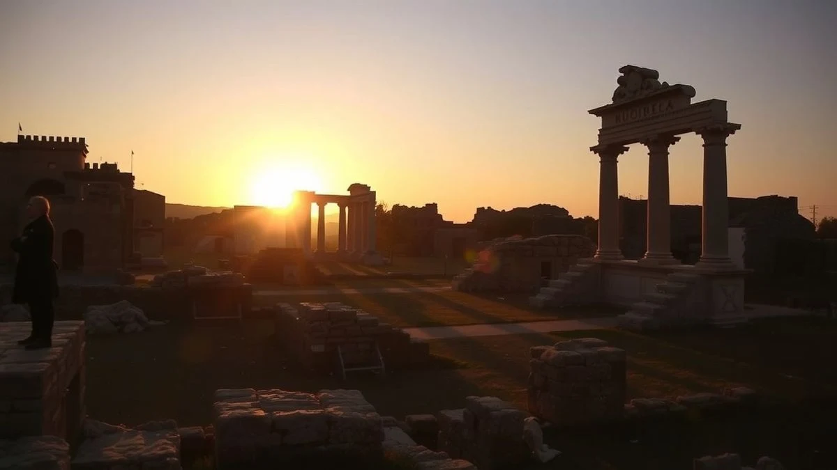 Imagen ilustrativa: yacimiento arqueológico romano al atardecer con siluetas de personas y sombras largas, escenario teatral improvisado entre las ruinas.