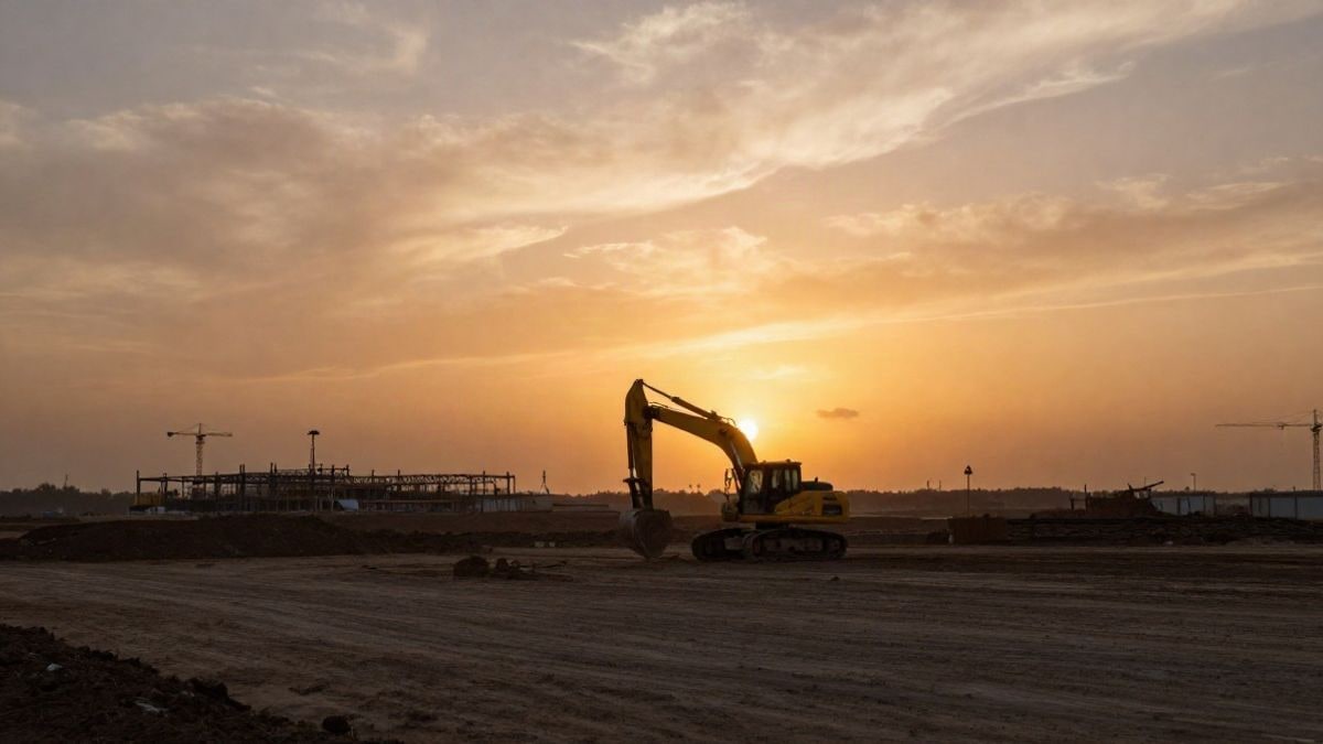 Imagen ilustrativa: gran explanada industrial al atardecer con una excavadora pequeña en la distancia