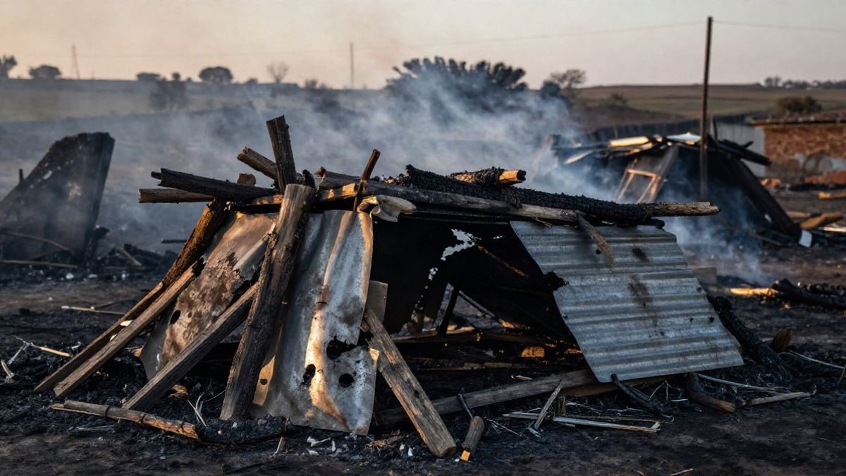 Imagen ilustrativa: restos calcinados de chabolas en una zona rural, con humo al fondo y luz de amanecer.