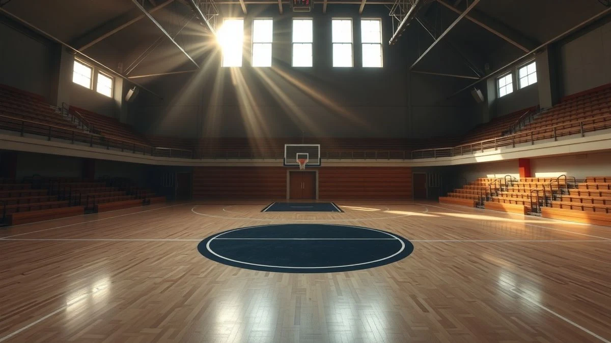 Pista de baloncesto vacía con luz natural y gradas al fondo