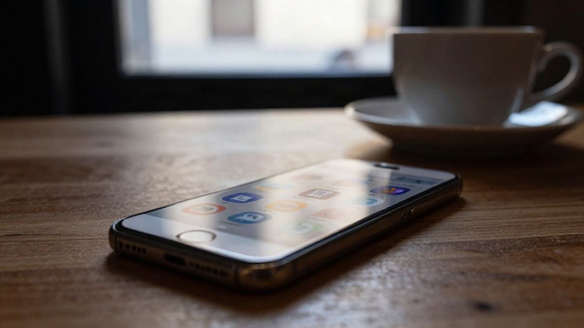 Imagen ilustrativa: un teléfono móvil sobre una mesa junto a una taza de café, con luz de ventana al fondo
