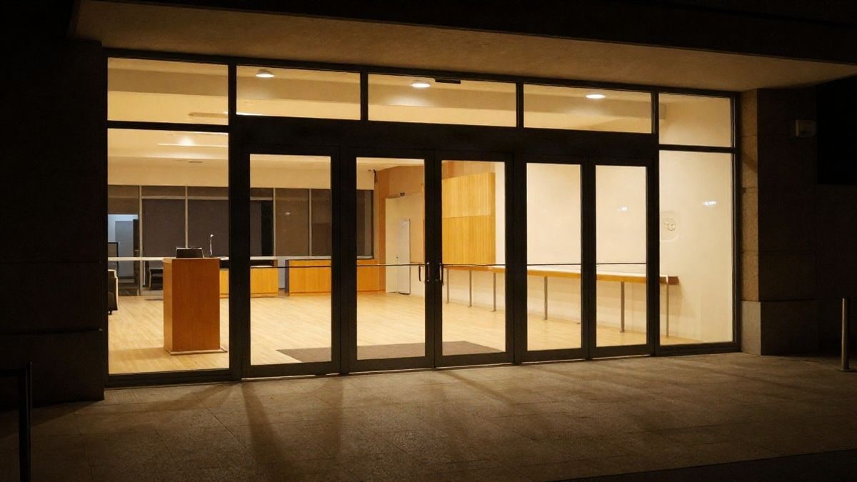 Imagen ilustrativa: entrada de un salón de actos moderno iluminado de noche con un atril vacío al fondo