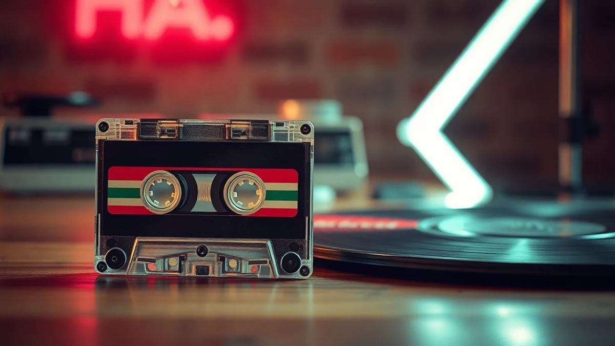 Imagen ilustrativa: una cinta de casete y un vinilo sobre una mesa de madera con luces de neón de fondo, evocando la estética de los años 80.