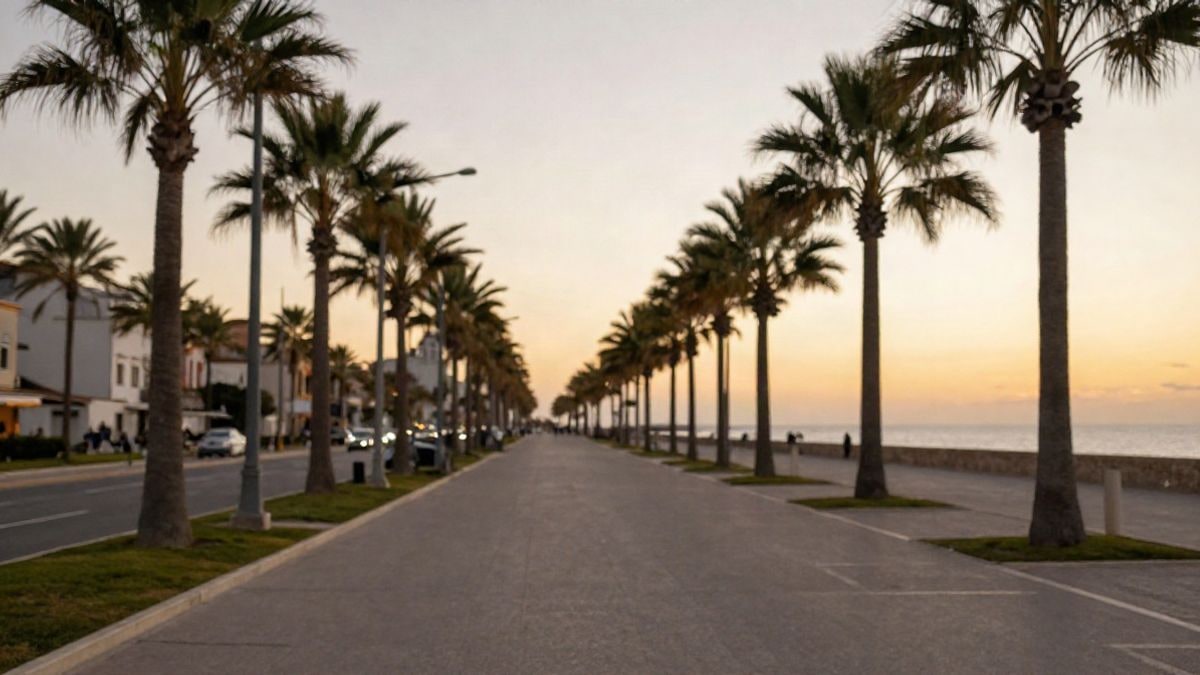 Imagen ilustrativa: paseo marítimo al atardecer con palmeras y luces que convergen hacia el mar