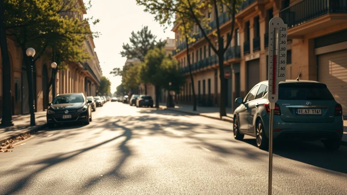 Termómetro marcando 38 grados en una calle vacía de Huelva al mediodía