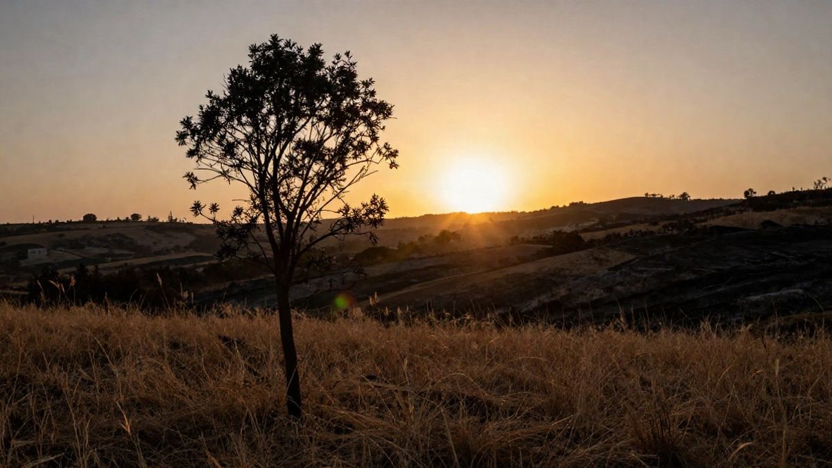 Imagen ilustrativa: un árbol joven en silueta frente a un atardecer con sombras largas sobre una ladera de monte quemado