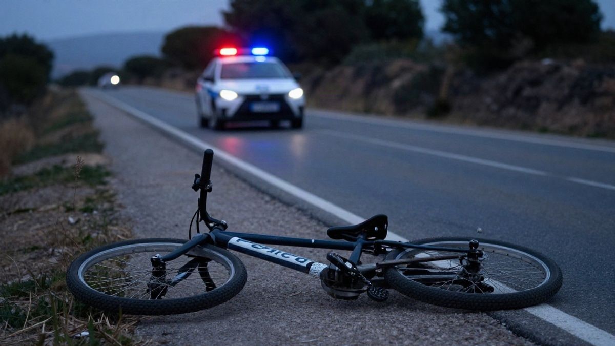 Imagen ilustrativa: bicicleta dañada en el arcén de una carretera rural al atardecer con un coche policial desenfocado al fondo