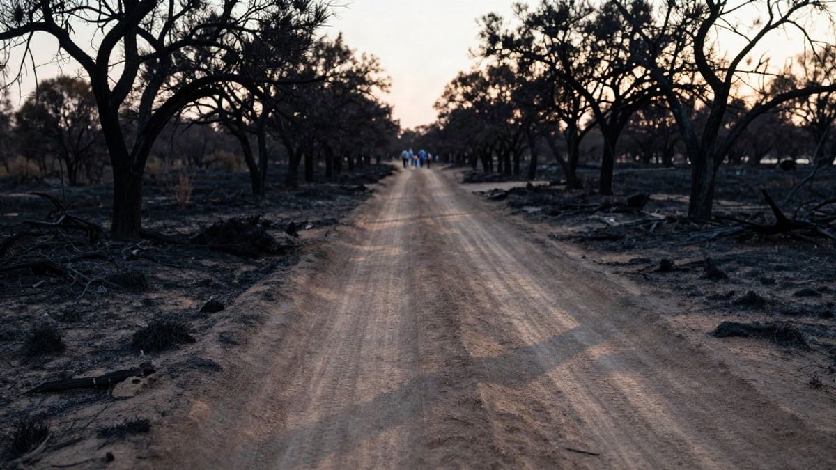 Imagen ilustrativa: camino de tierra que se pierde entre un bosque mediterráneo calcinado al atardecer