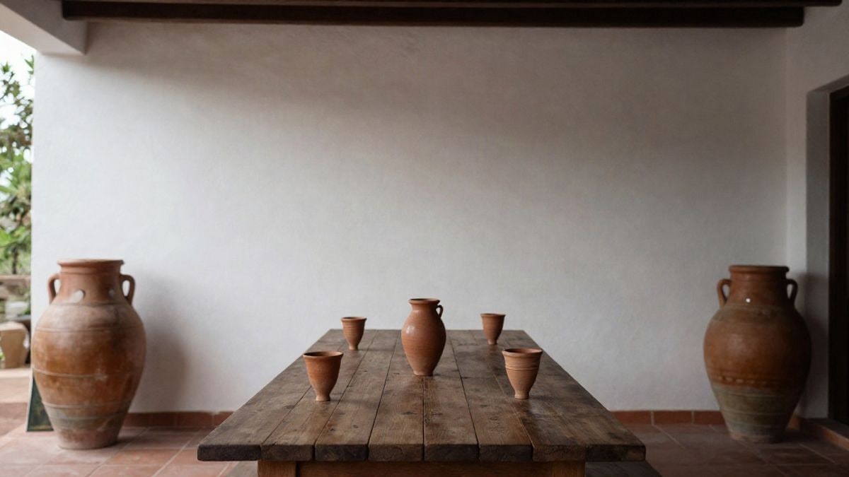 Imagen ilustrativa: patio soleado de una bodega con ánforas de barro y copas sobre una mesa de madera
