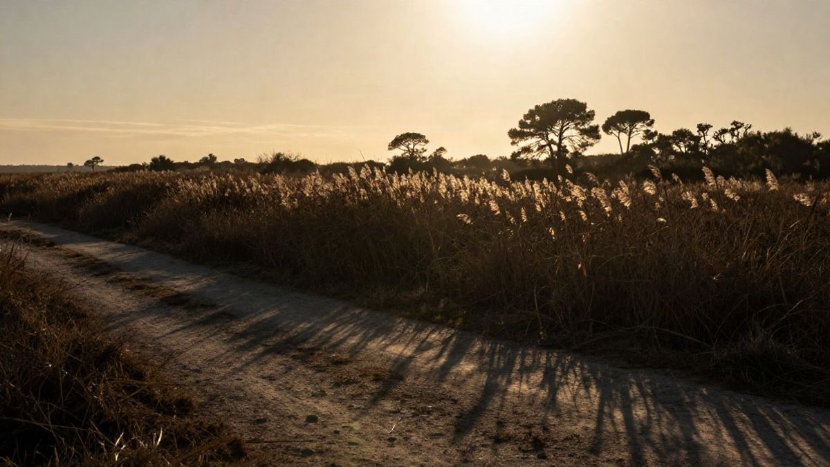 Imagen ilustrativa: contraluz al atardecer sobre un paraje costero de marismas con sombras largas