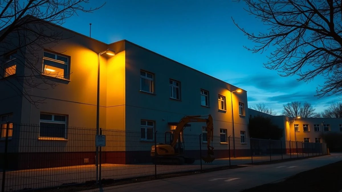 Fachada de un centro escolar en Trigueros con obras de mejora, iluminada por farolas al atardecer