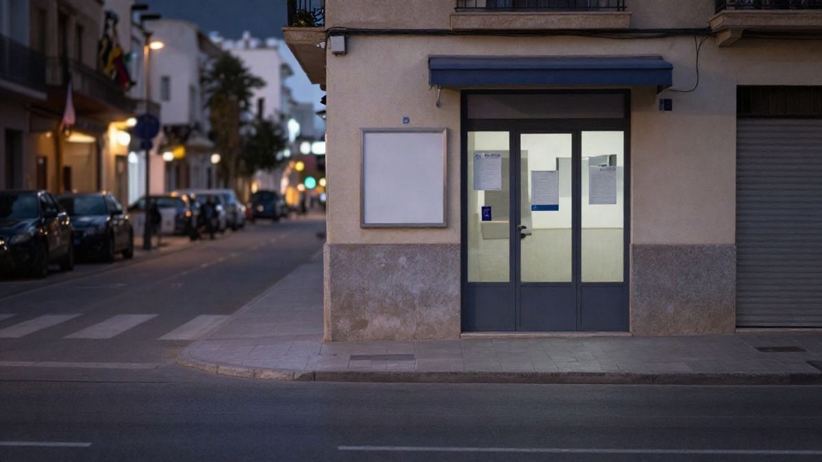 Imagen ilustrativa: fachada genérica de una comisaría de policía local con tablón de anuncios vacío al atardecer