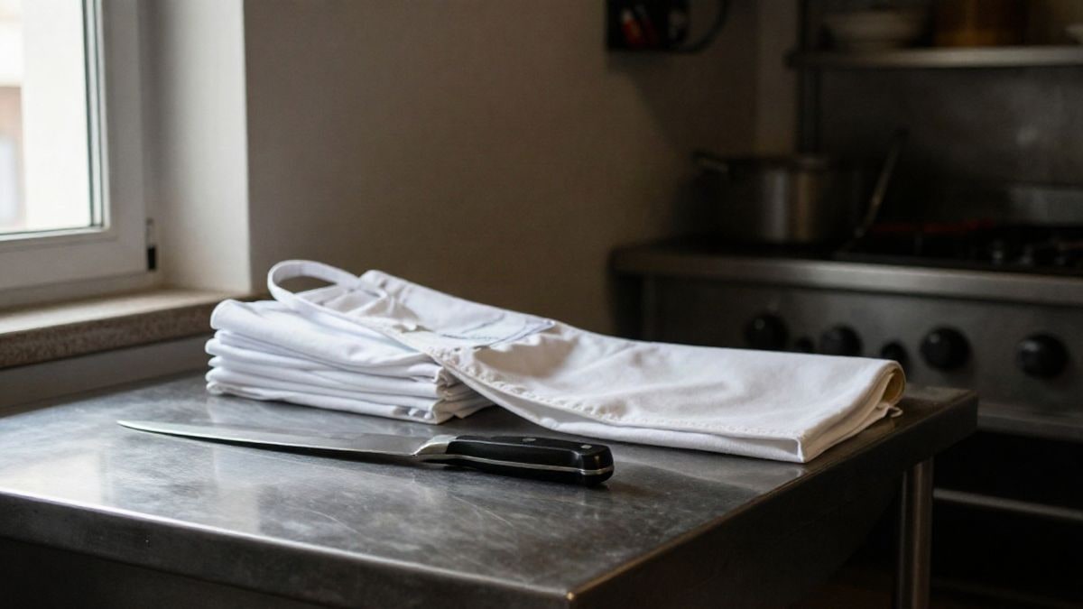Imagen ilustrativa: encimera de acero de una cocina profesional con utensilios y delantales doblados, iluminada por una ventana lateral