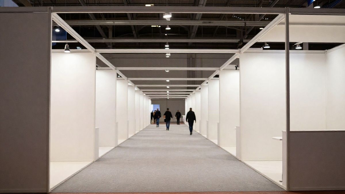 Imagen ilustrativa: gran angular de un pabellón ferial con filas de stands vacíos y luces convergentes