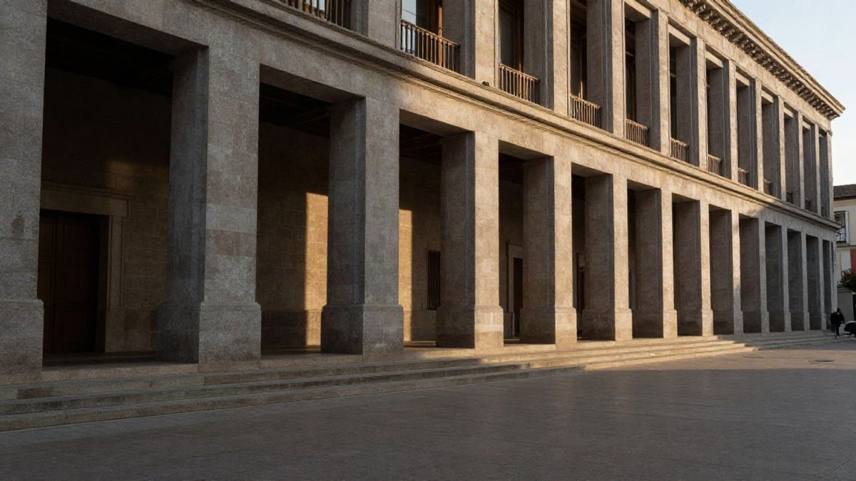 Imagen ilustrativa: fachada de un edificio institucional con columnas y escalinata iluminada al atardecer