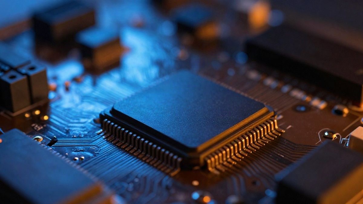 Imagen ilustrativa: primer plano de un chip de computadora iluminado sobre una placa base oscura