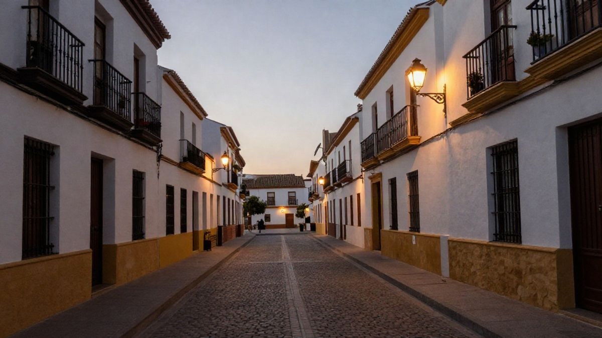 Imagen ilustrativa: calle andaluza al amanecer con farolas encendidas y edificios blancos en perspectiva