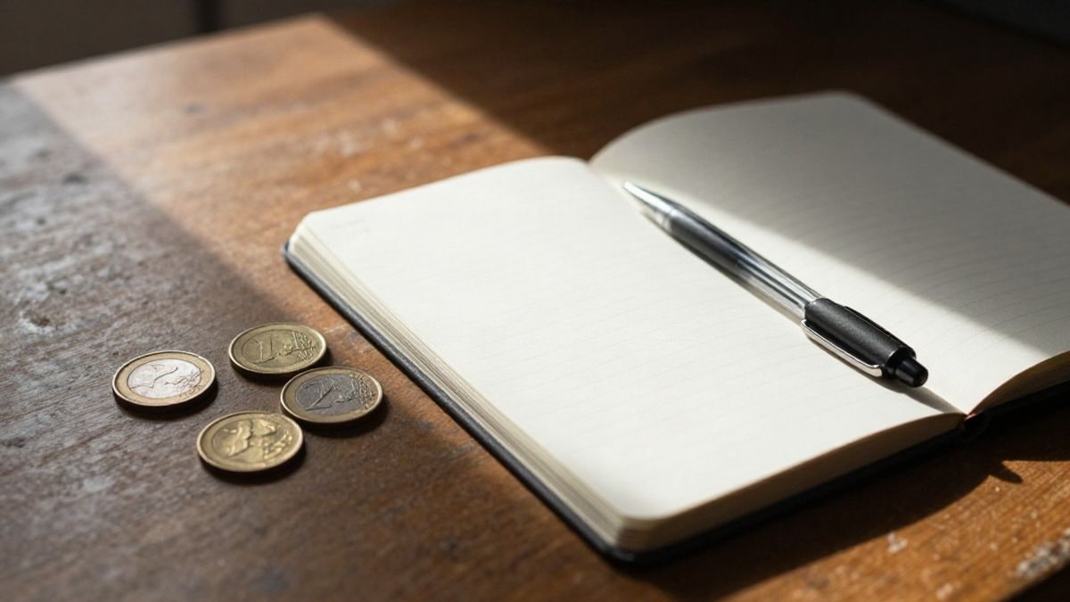 Imagen ilustrativa: cuaderno abierto, bolígrafo y monedas de euro sobre una mesa de madera vista desde arriba