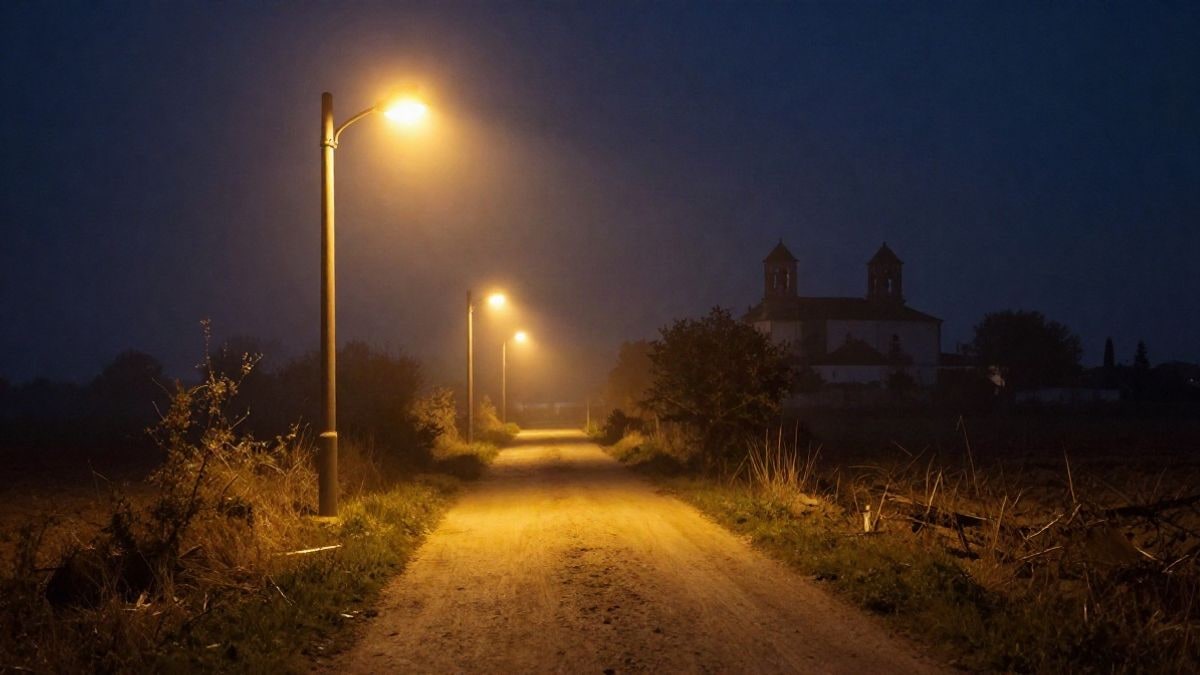 Imagen ilustrativa: un camino rural iluminado por farolas al anochecer