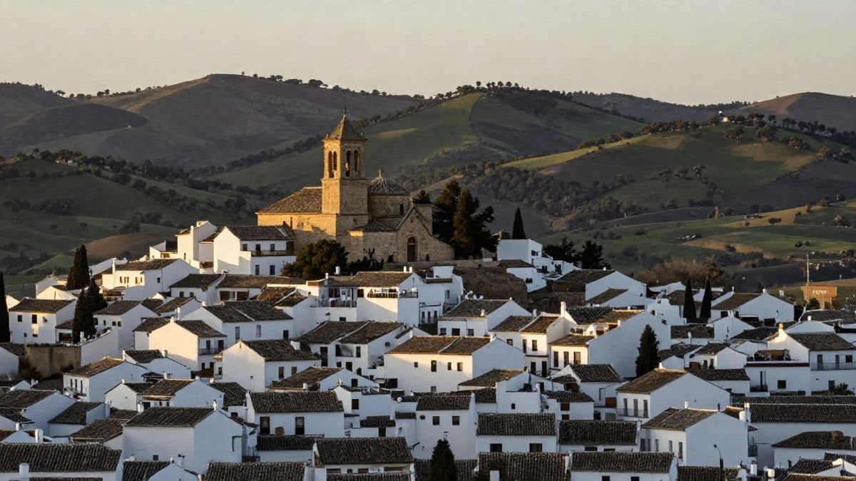 Imagen ilustrativa: un pueblo blanco andaluz con una torre de piedra en lo alto de una colina, rodeado de dehesa y luz de atardecer