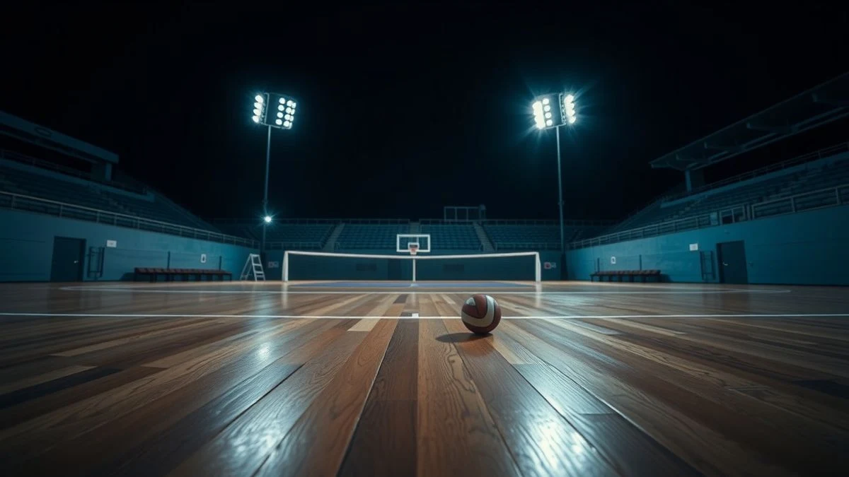 Imagen ilustrativa: una cancha de baloncesto vacía iluminada por focos por la noche, con un balón sobre el suelo de madera.