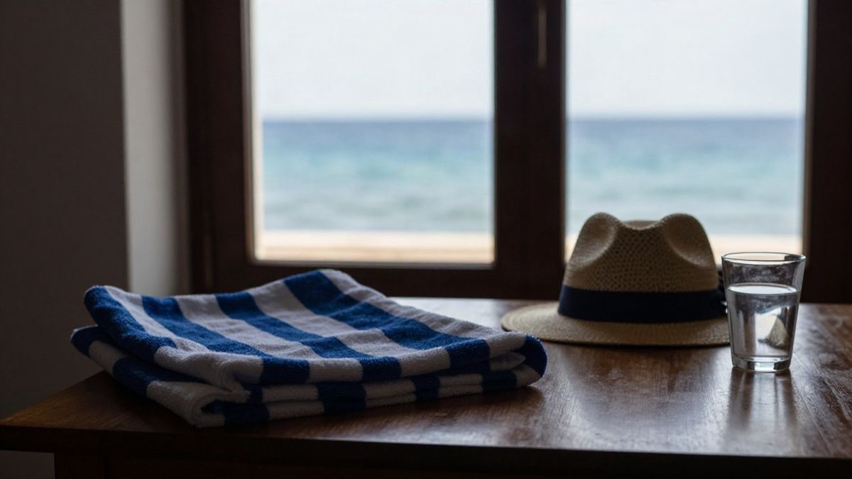 Imagen ilustrativa: mesa de madera junto a una ventana con luz lateral, con una toalla de playa doblada y el mar desenfocado al fondo