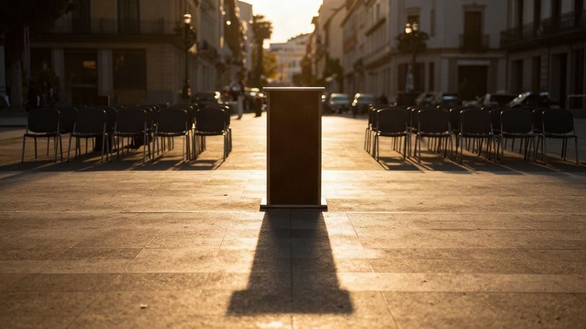 Imagen ilustrativa: plaza pública al atardecer con un atril y sillas preparadas para una ceremonia institucional