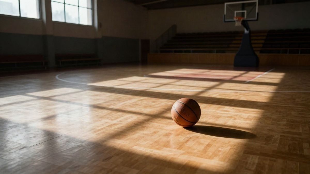 Imagen ilustrativa: cancha de baloncesto vacía con un balón en la línea de tiros libres y luz lateral entrando por la ventana