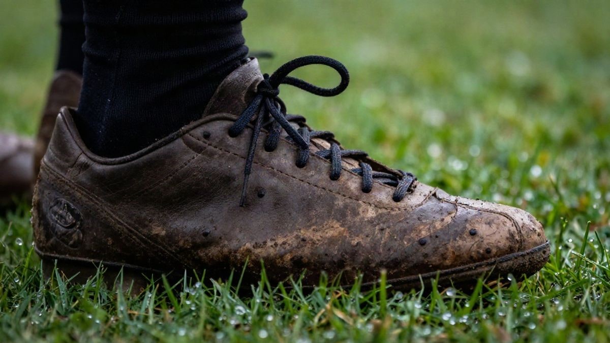 Imagen ilustrativa: primer plano de una bota de fútbol sobre el césped con rocío al amanecer