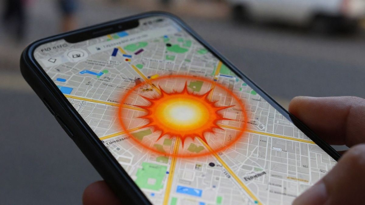 Imagen ilustrativa: primer plano de una pantalla de móvil con un mapa y un área de explosión en naranja