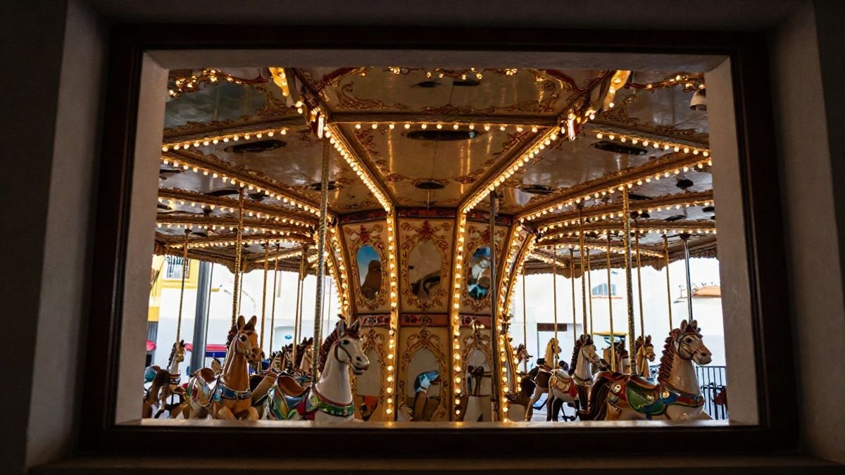 Imagen ilustrativa: interior de un carrusel de feria con luces cálidas y luz lateral de ventana