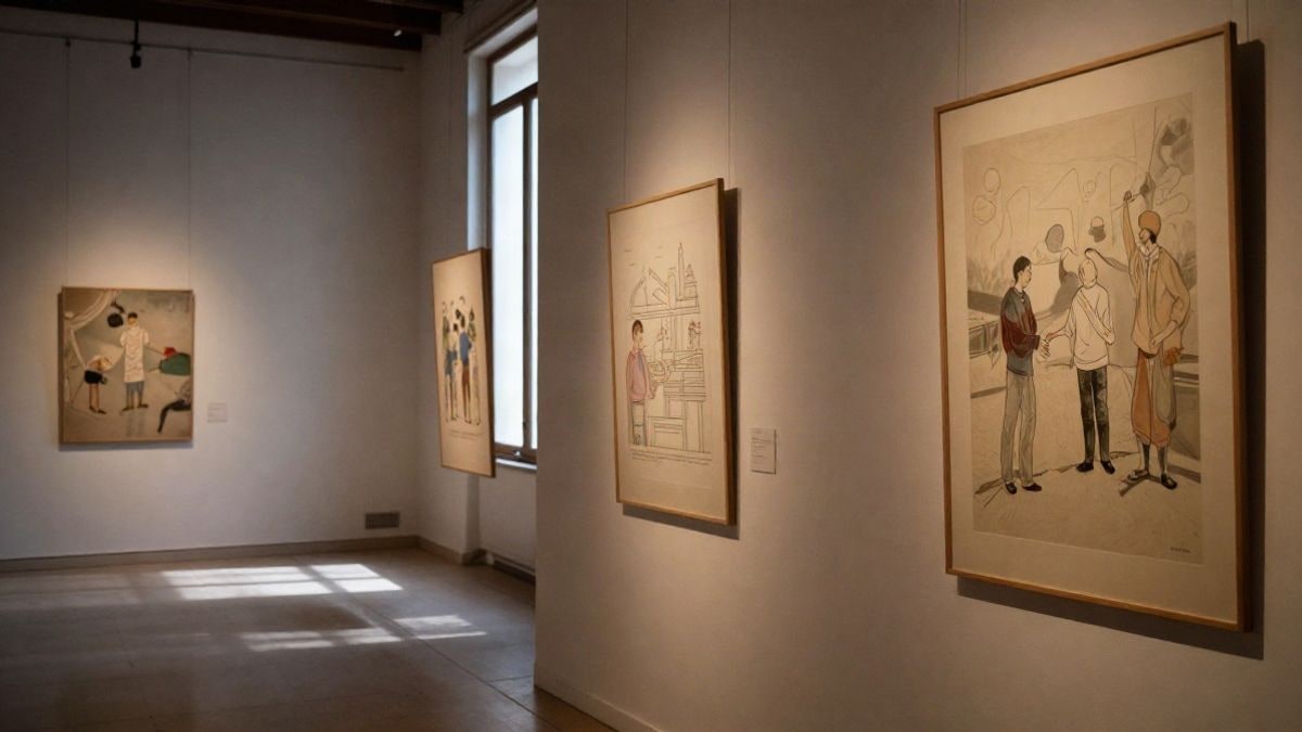 Imagen ilustrativa: sala de exposición con paneles ilustrados iluminados por la luz de una ventana lateral.