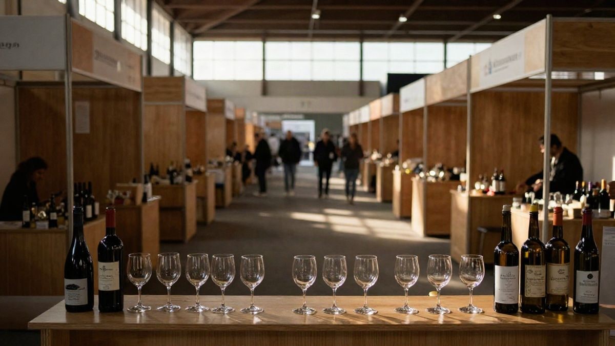 Imagen ilustrativa: pasillo de una feria profesional con puestos de productos gourmet y copas de cata en primer plano