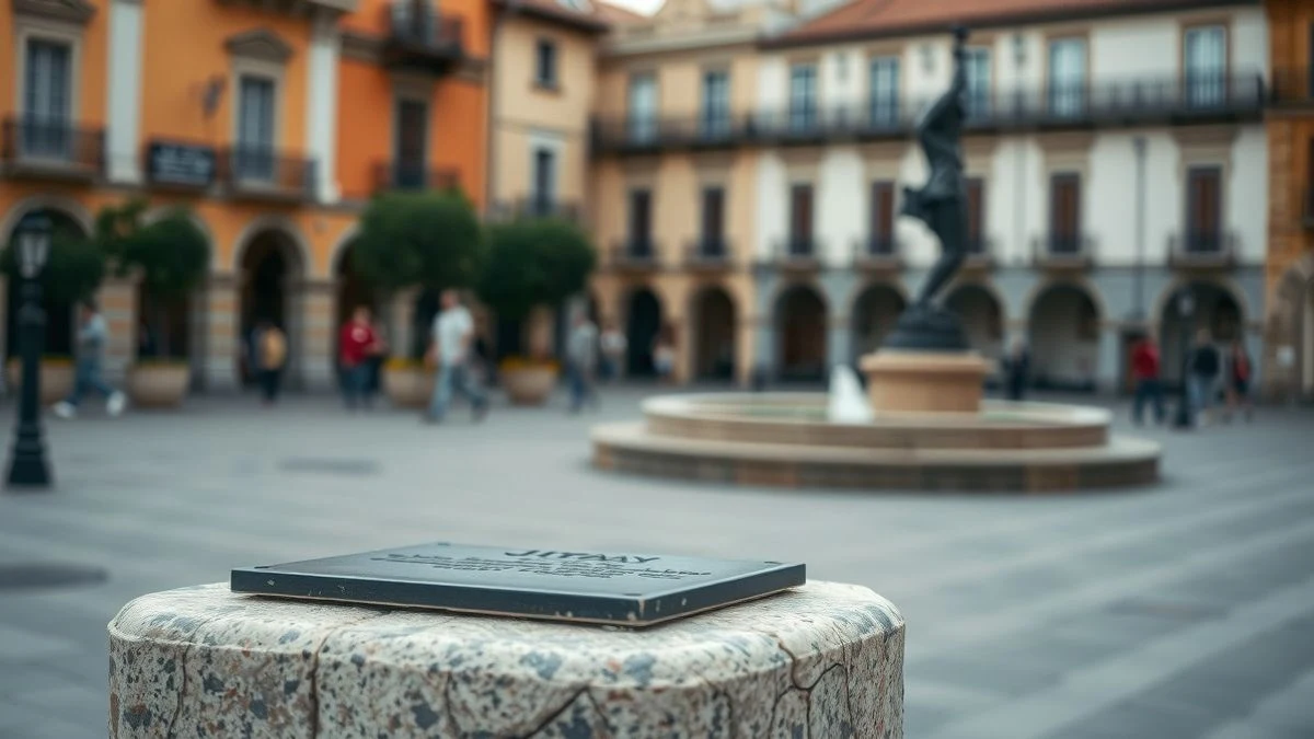 Placa conmemorativa en una rotonda, con fondo desenfocado de un pueblo