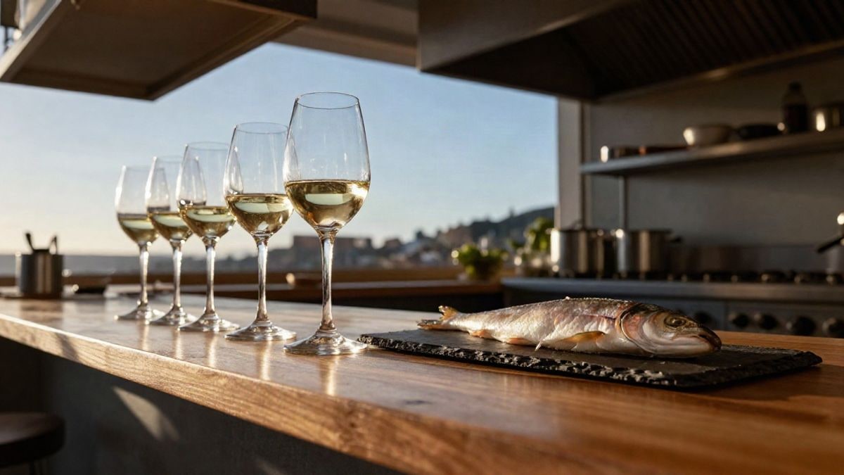Imagen ilustrativa: copas de vino blanco y una tabla de pescado sobre una encimera de madera iluminada por luz natural