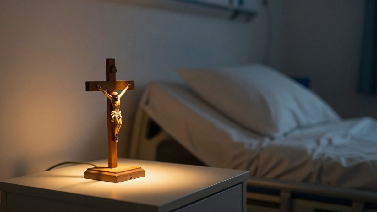 Imagen ilustrativa: crucifijo de madera sobre una mesilla iluminada por una lámpara cálida en una habitación nocturna