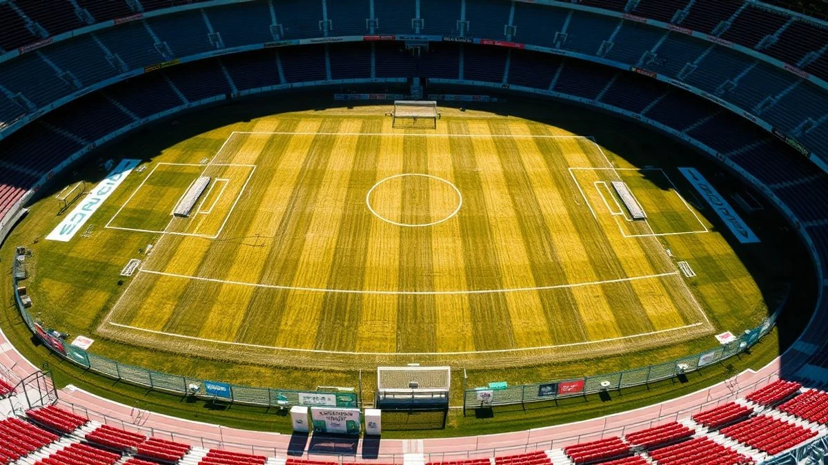 Vista cenital de un campo de fútbol vacío con porterías y círculo central bajo luz natural
