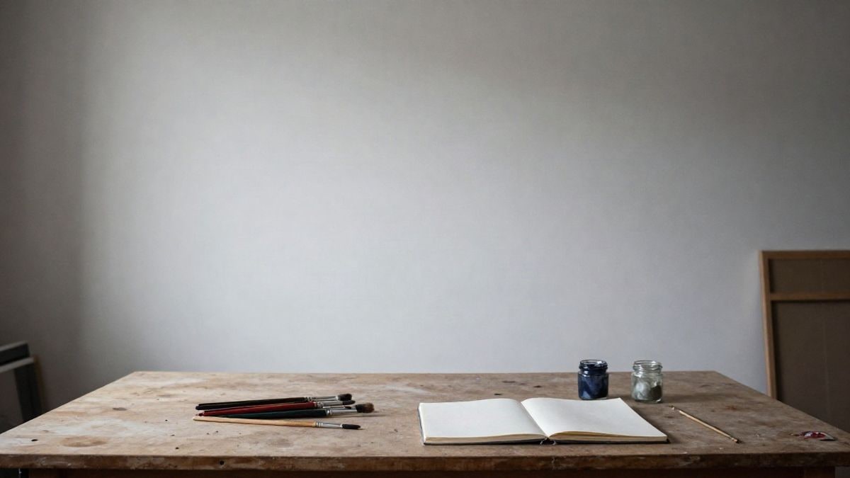 Imagen ilustrativa: mesa de estudio de artista vacía con pinceles y un cuaderno cerrado, con mucho espacio libre alrededor
