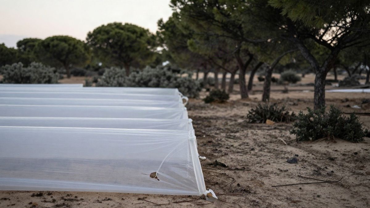 Imagen ilustrativa: restos de plástico de invernadero sobre suelo arenoso junto a matorral y pinos al amanecer