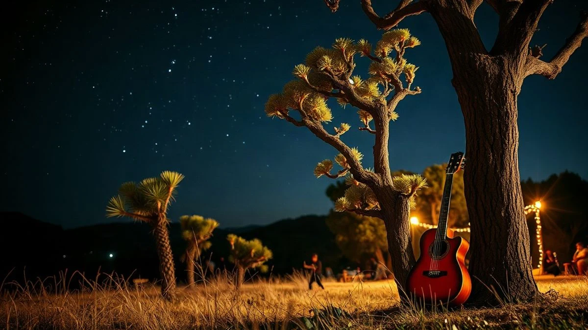 Imagen ilustrativa: cielo estrellado sobre una dehesa con siluetas de personas y una guitarra apoyada en un árbol