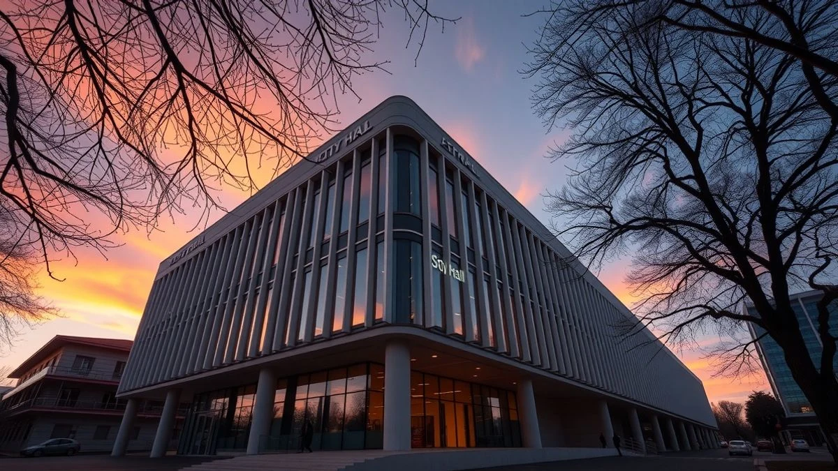 Fachada del ayuntamiento de Huelva al atardecer con sombras largas y contraluz